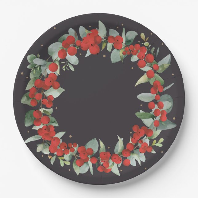 Red Berry Christmas Wreath Holiday Party Paper Plate (Front)