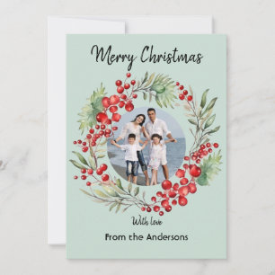  Red Berry Christmas Wreath Winter Green Greeting Holiday Card