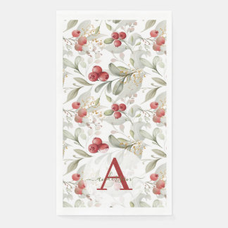 Red Berry Cranberry Branches Monogrammed Christmas Napkin