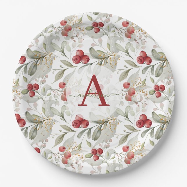 Red Berry Cranberry Branches Monogrammed Christmas Paper Plate (Front)