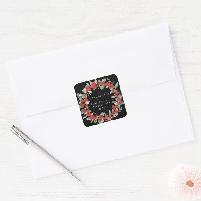 Red Berry+Eucalyptus Holiday Wreath Address Square Sticker (Envelope)