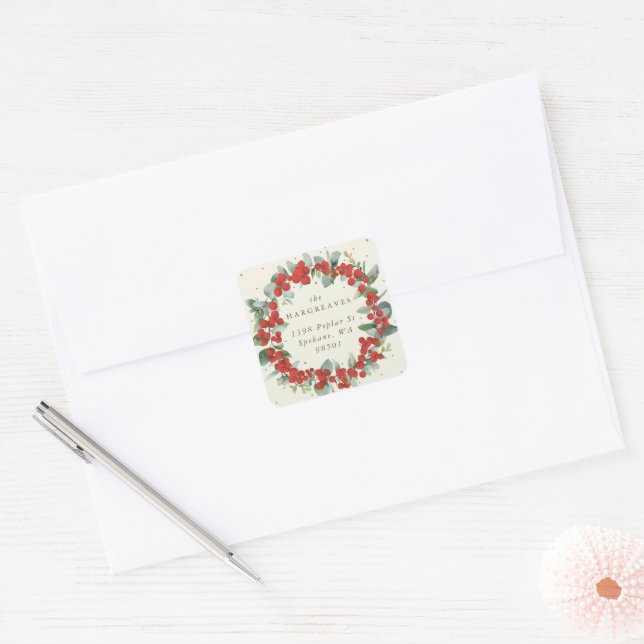 Red Berry+Eucalyptus Holiday Wreath Address Square Sticker (Envelope)