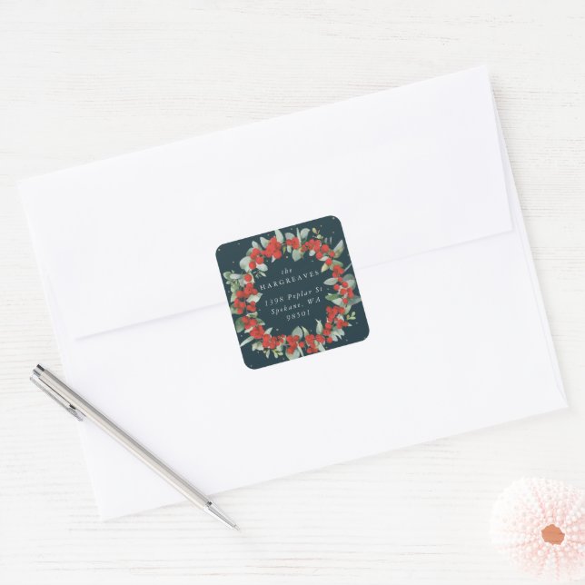 Red Berry+Eucalyptus Holiday Wreath Address Square Sticker (Envelope)