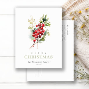 Red Berry Fir Winter Christmas Foliage Watercolor Holiday Postcard