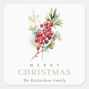 Red Berry Fir Winter Christmas Foliage Watercolor Square Sticker