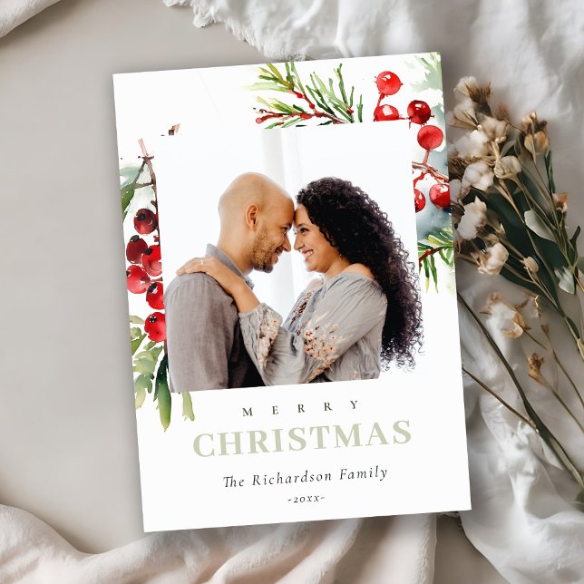 Red Berry Fir Winter Christmas Watercolor Photo Holiday Card (Creator Uploaded)