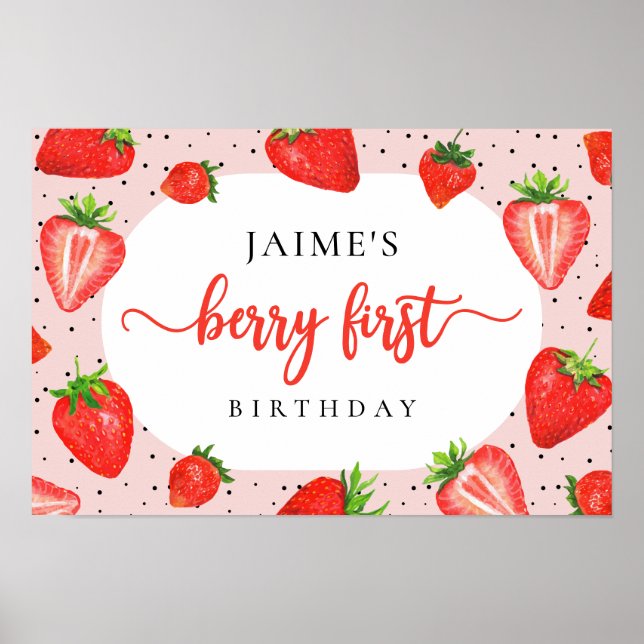 Red Berry First Birthday Strawberry Girl Birthday Poster (Front)