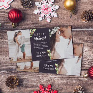 Red Berry Floral Twigs Merry Married Christmas Thank You Card