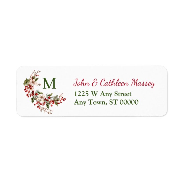 Red Berry Flower Monogram Christmas Return Address (Front)