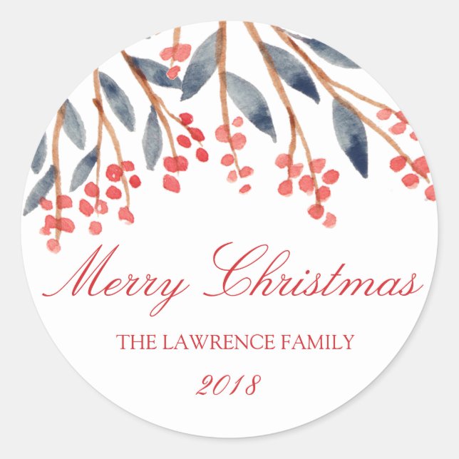 Red Berry Foliage Christmas Personalised Classic Round Sticker (Front)