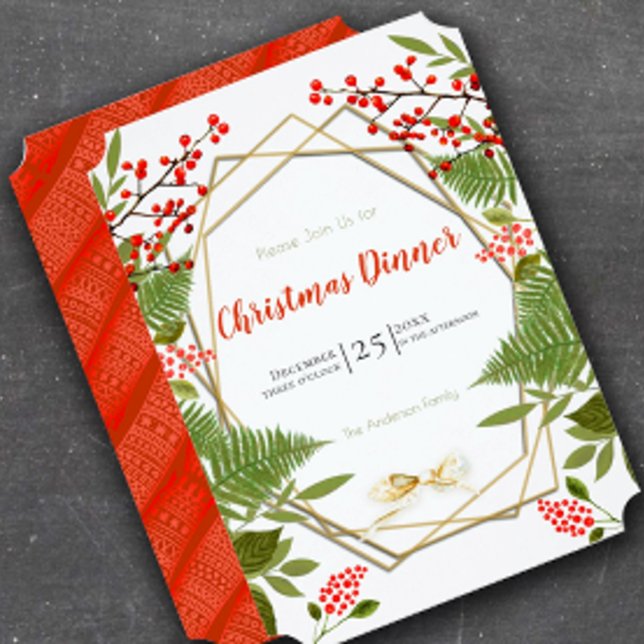 Red Berry Gold Geometric Frame Christmas Holiday Invitation (Creator Uploaded)