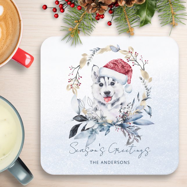 Red Berry Gold Wreath Siberian Husky Dog Christmas Square Paper Coaster (Creator Uploaded)