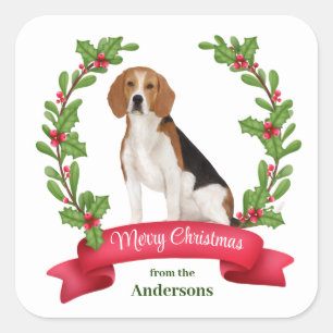 Red Berry Holly Banner Beagle Christmas Square Sticker