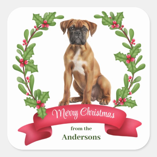 Red Berry Holly Banner Boxer Dog Christmas Square Sticker (Front)