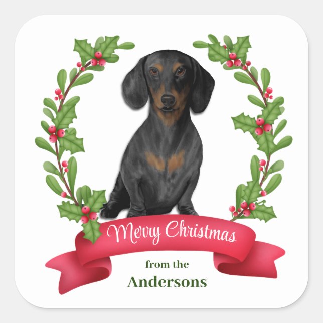 Red Berry Holly Banner Dachshund Christmas Square Sticker (Front)