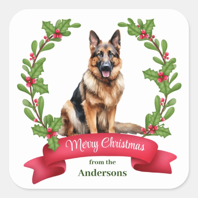Red Berry Holly Banner German Shepherd Christmas Square Sticker (Front)
