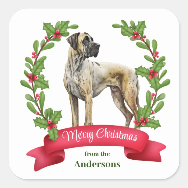 Red Berry Holly Banner Great Dane Dog Christmas Square Sticker (Front)