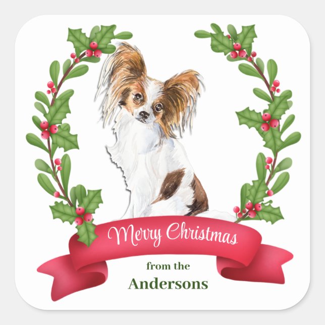 Red Berry Holly Banner Papillon Dog Christmas Square Sticker (Front)