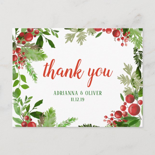 Red Berry Holly Leaves Christmas Wedding Thank You Postcard (Front)