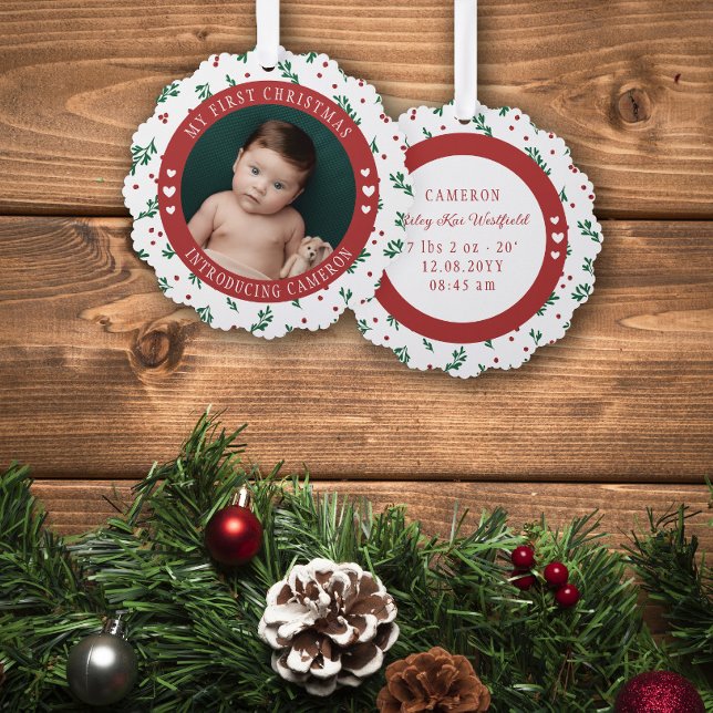 Red Berry Pattern Introducing Baby 1st Christmas Tree Decoration Card (Creator Uploaded)