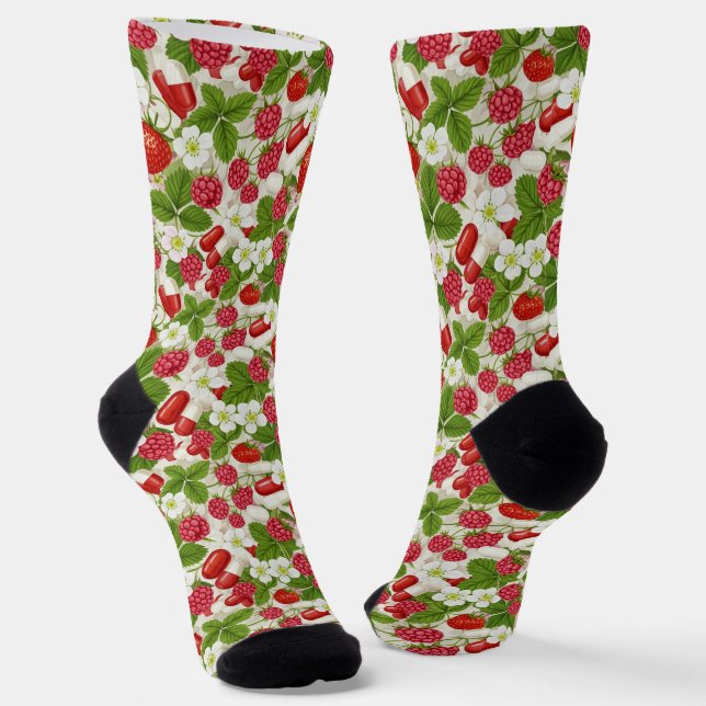 Red Berry & Pill Pattern Pharmacy Socks (Angled)