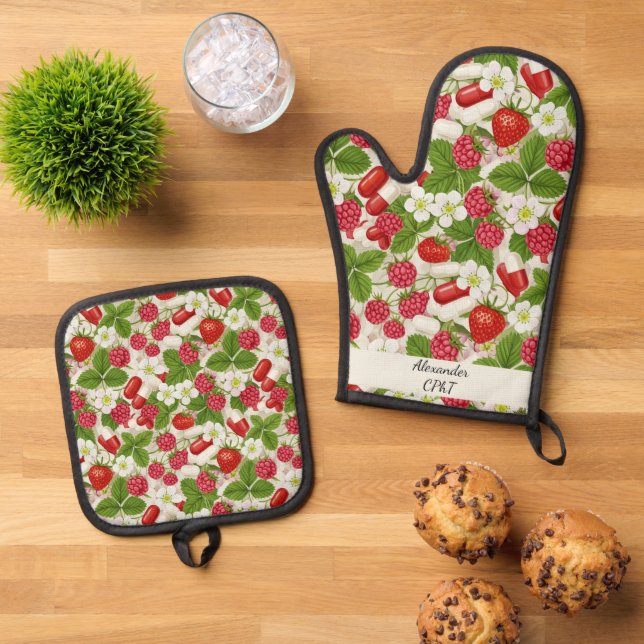 Red Berry & Pills Pharmacy Kitchen  Oven Mitt & Pot Holder Set (Top Down)