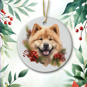 Red Berry Pine Shiba Inu Dog Ceramic Tree Decoration