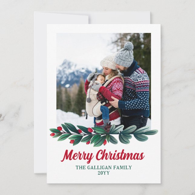 Red Berry & Silver Green Greenery Merry Christmas Holiday Card (Front)