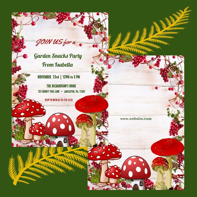 Red Berry Toadstool Garden Snacks Kid's Fall Party Invitation (Red Berry Toadstool Garden Snacks Kid's Fall Party Invitation)