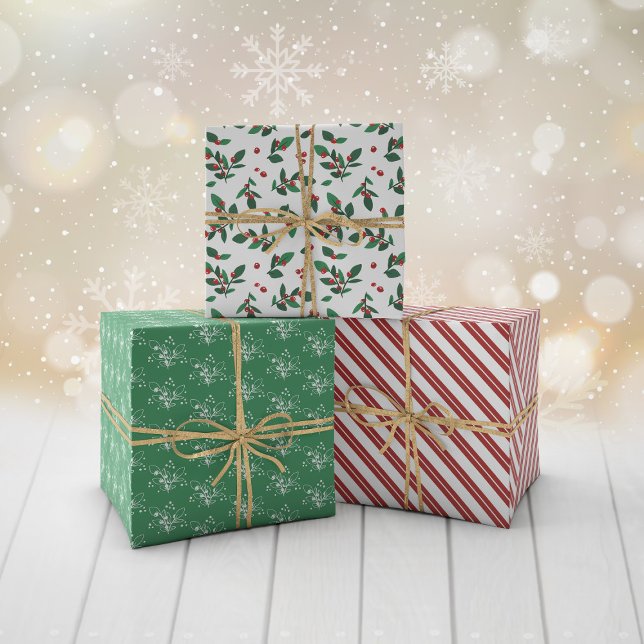 Red Berry Twigs Mixed Christmas Patterns Wrapping Paper Sheet (Creator Uploaded)