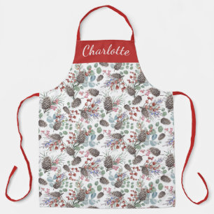 Red Berry Watercolor Monogram Name Christmas Apron