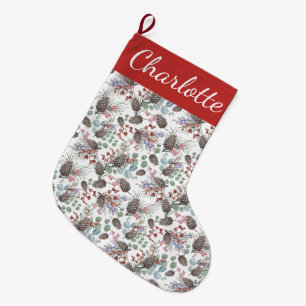 Red Berry Watercolor Monogram Name Large Christmas Stocking