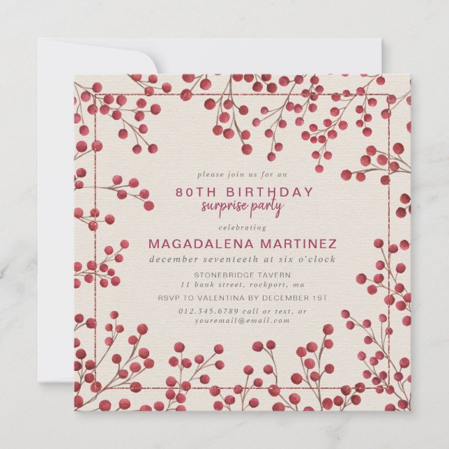 Red Berry Winter 80th Birthday Surprise Party Invitation (Front)