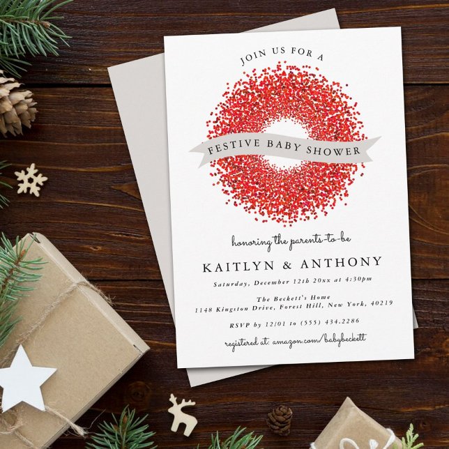 Red Berry Wreath Festive Christmas Baby Shower Invitation (Creator Uploaded)