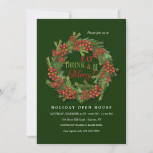 Red Berry Wreath Open House Holiday Card