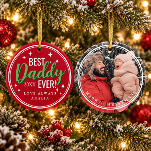 Red Best Daddy Ever Retro Script Photo Christmas Ceramic Tree Decoration