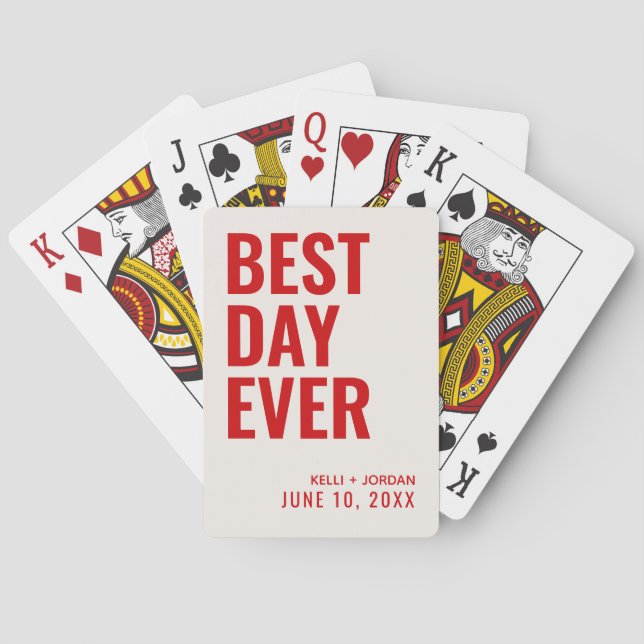 Red Best Day Ever Wedding Playing Cards (Back)