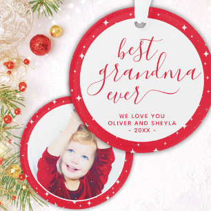 Red Best Grandma Ever Script Stars Photo on Back  Ornament