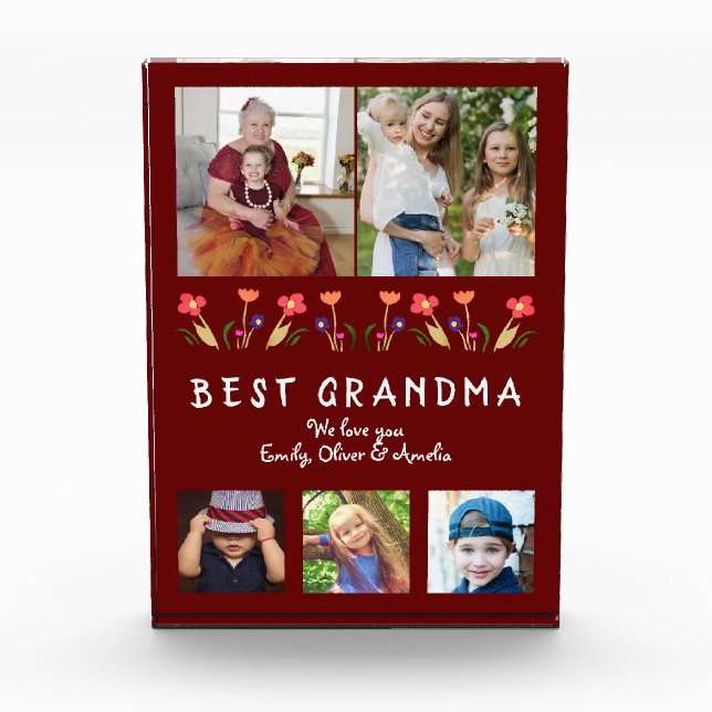 Red Best Grandma Flowers Floral Family Photo Block (Front)