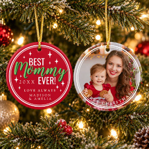 Red Best Mummy Ever Script Retro Photo Christmas Ceramic Tree Decoration