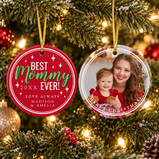 Red Best Mummy Ever Script Retro Photo Christmas Ceramic Tree Decoration