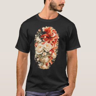 Red Betta Fish Watercolor, Floral Vase Siamese Fig T-Shirt