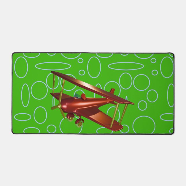 Red Bi-plane on Green Circles and Loops Desk Mat (Front)