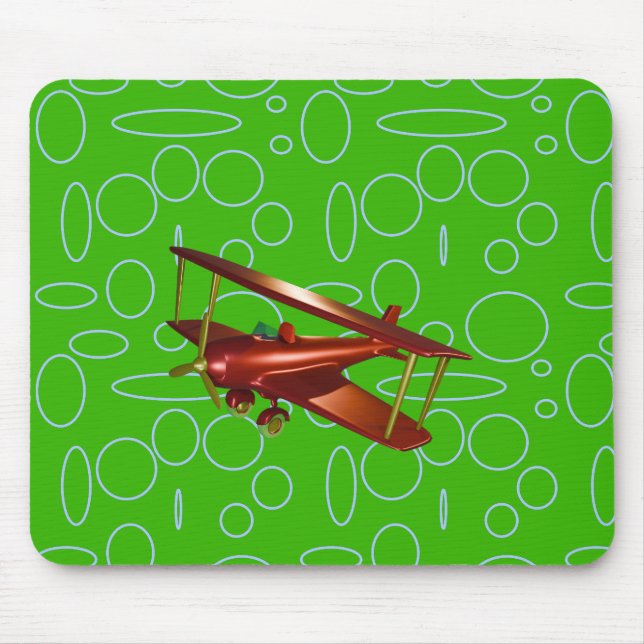 Red Bi-plane on Green Circles and Loops Mouse Mat (Front)