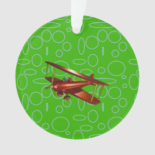Red Bi-plane on Green Circles and Loops Ornament