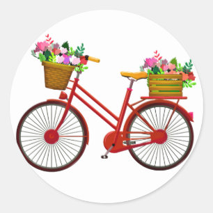 Red Bicycle With Basket Of Flowers - Classic Round Sticker