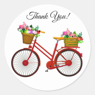 Red Bicycle With Basket Of Flowers Thank You Classic Round Sticker