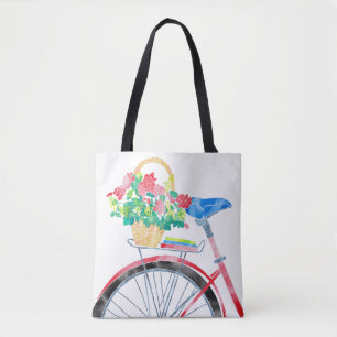 Red bicycle with basket of flowers tote bag
