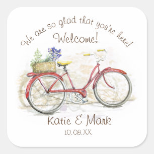 Red Bicycle with Basket Welcome Square Sticker