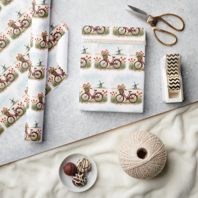 Red Bicycle With Dutch Tulips Wrapping Paper (Crafts)